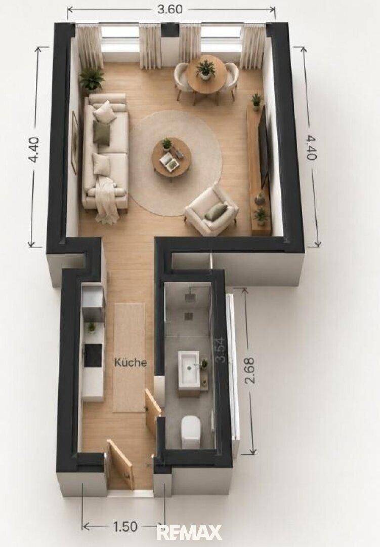 Detaillierter Grundriss einer Wohnung mit Wohnbereich, Küche und Bad.