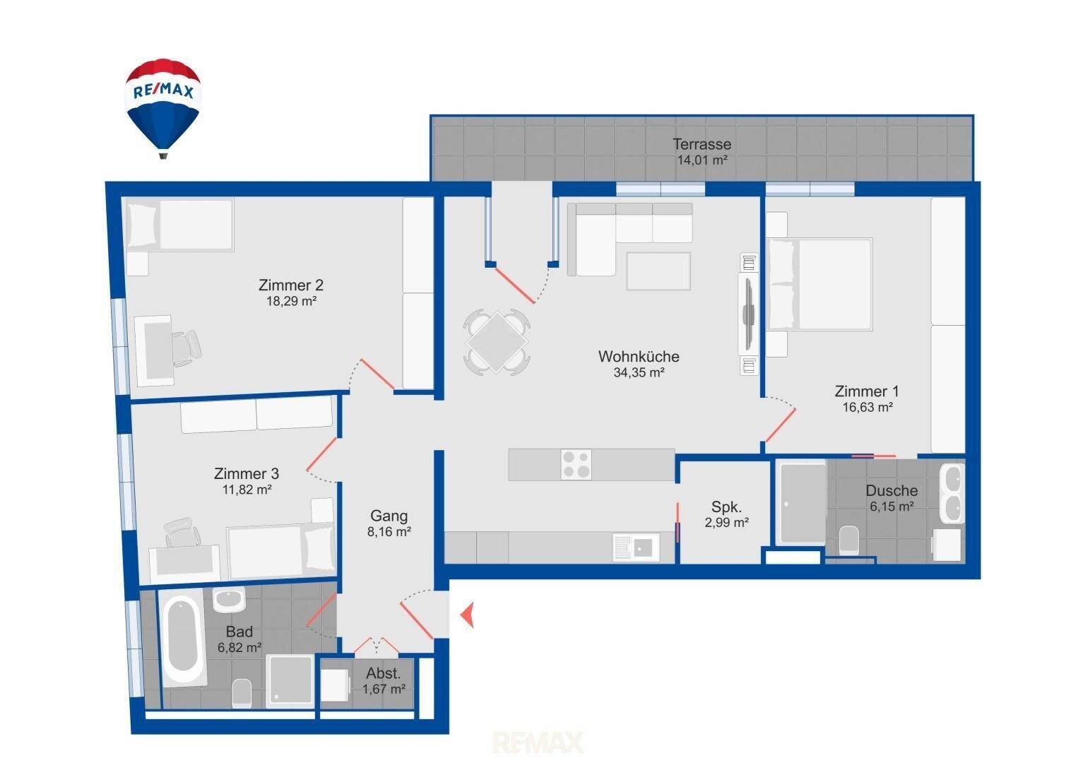 Grundriss einer Wohnung mit drei Zimmern, offener Wohnküche und großer Terrasse.