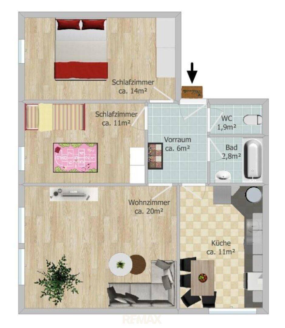 Detaillierter Grundriss mit zwei Schlafzimmern, Wohnzimmer, Küche und Bad.