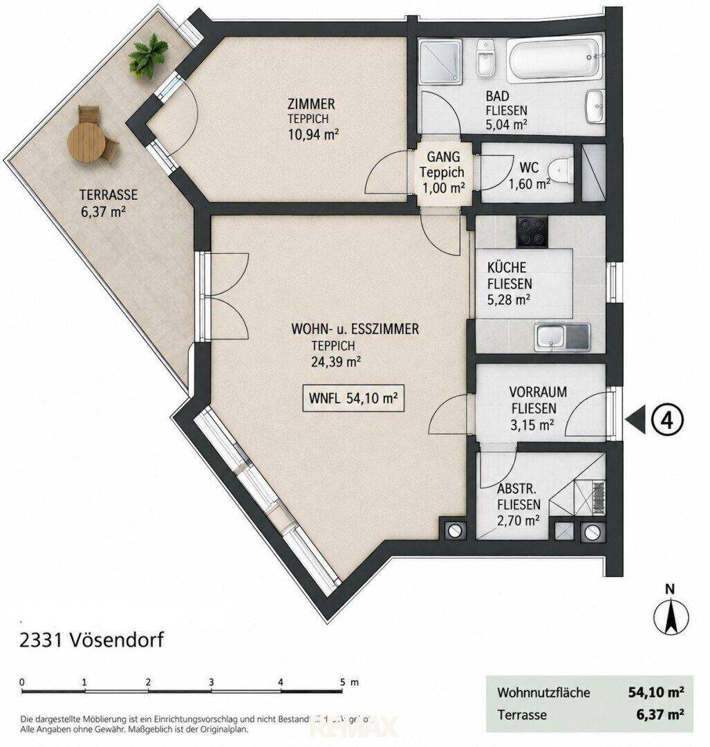 Detaillierter Grundriss der Wohnung mit Terrasse und Raumaufteilung.