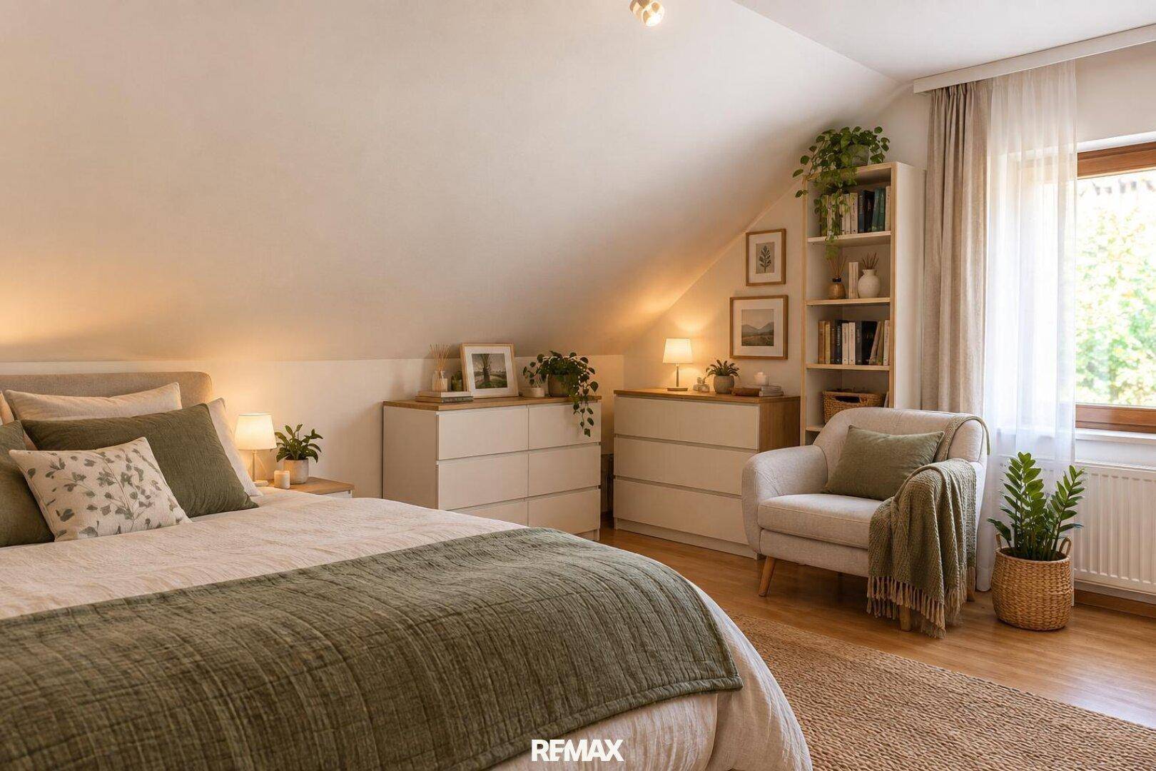 Gemütliches Schlafzimmer im Dachgeschoss mit Dachschräge, Doppelbett und Lesesessel.