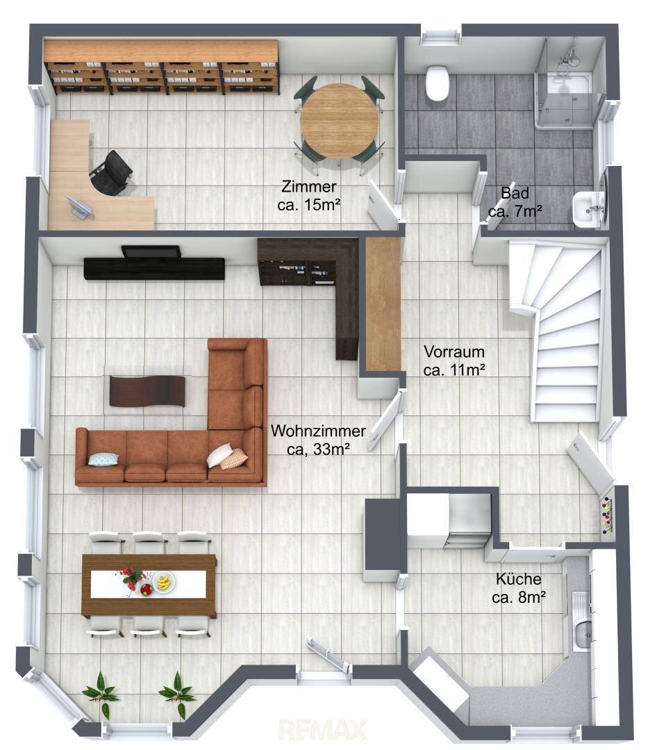 Grundriss des Erdgeschosses mit Wohnzimmer, Küche, Bad und weiterem Zimmer.