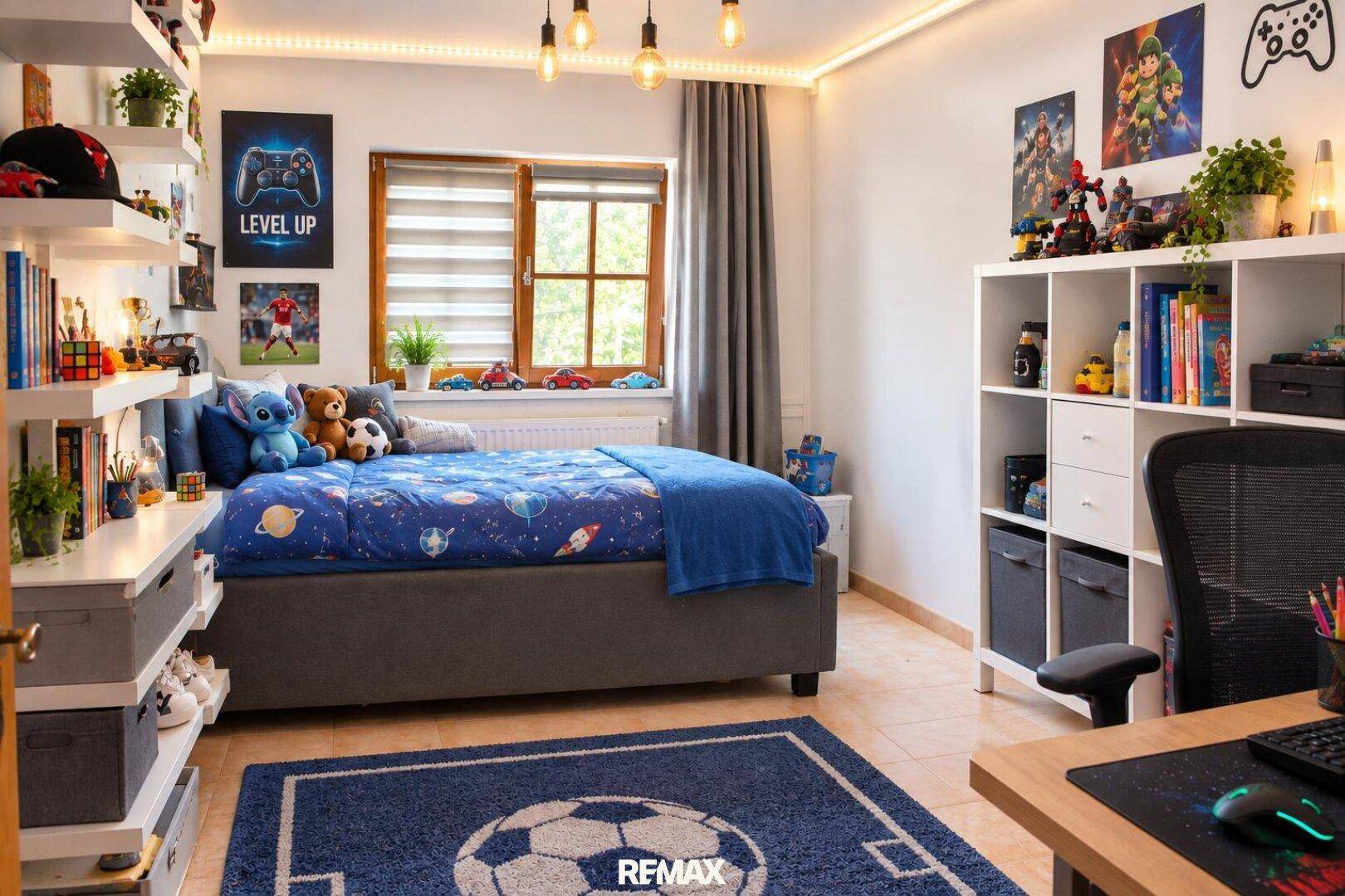 Kinderzimmer mit blauem Bett, Spielzeug und Schreibtisch, hell durch großes Fenster.