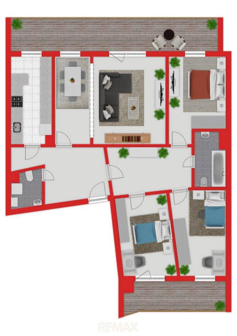 Detaillierter Grundriss der Wohnung mit mehreren Zimmern, Küche, Bädern und Terrasse.
