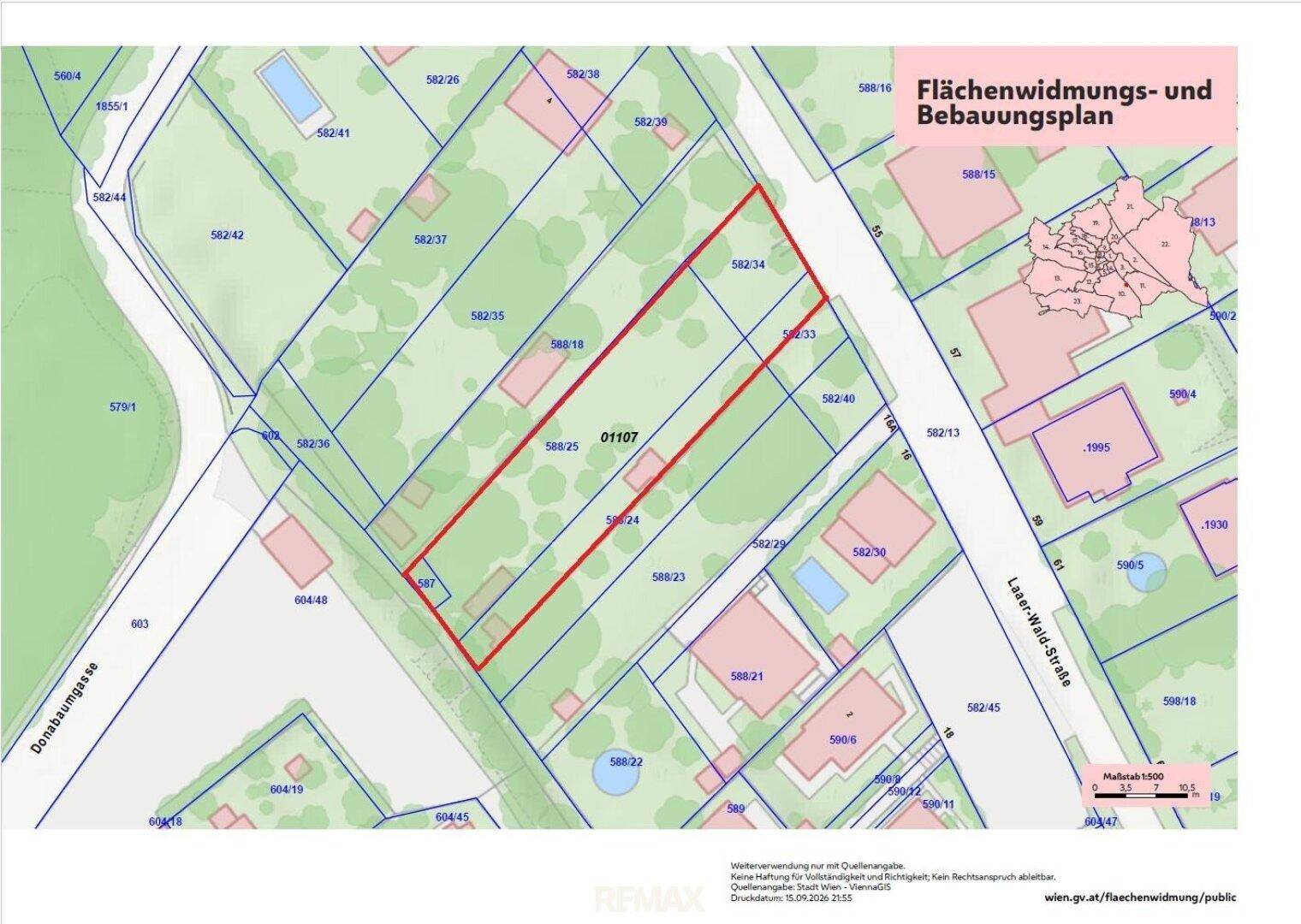 Flächenwidmungs- und Bebauungsplan mit eingezeichnetem Grundstück und umliegenden Parzellen.