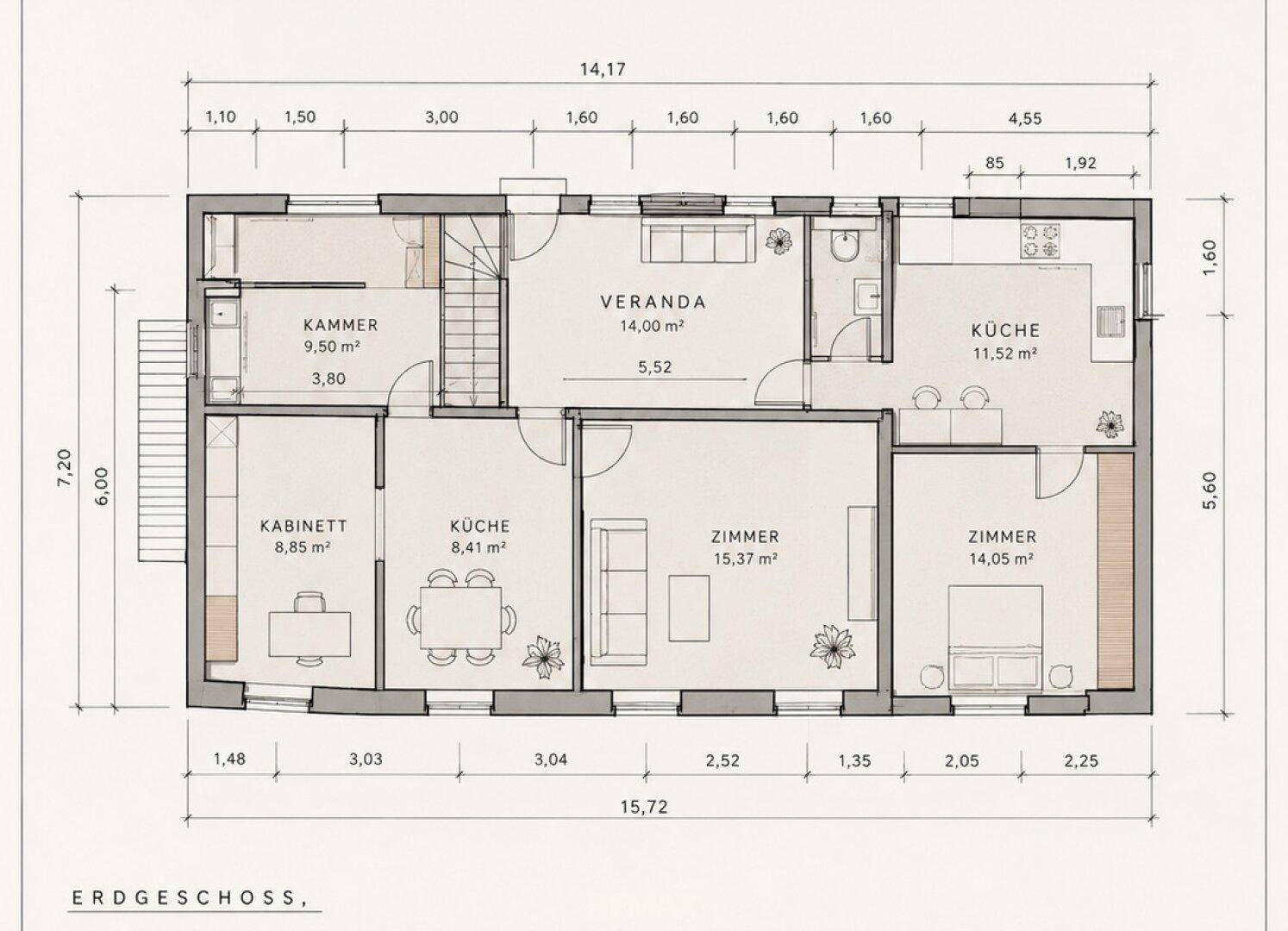 Grundriss des Erdgeschosses mit Zimmern, Küche, Veranda und Abstellraum.