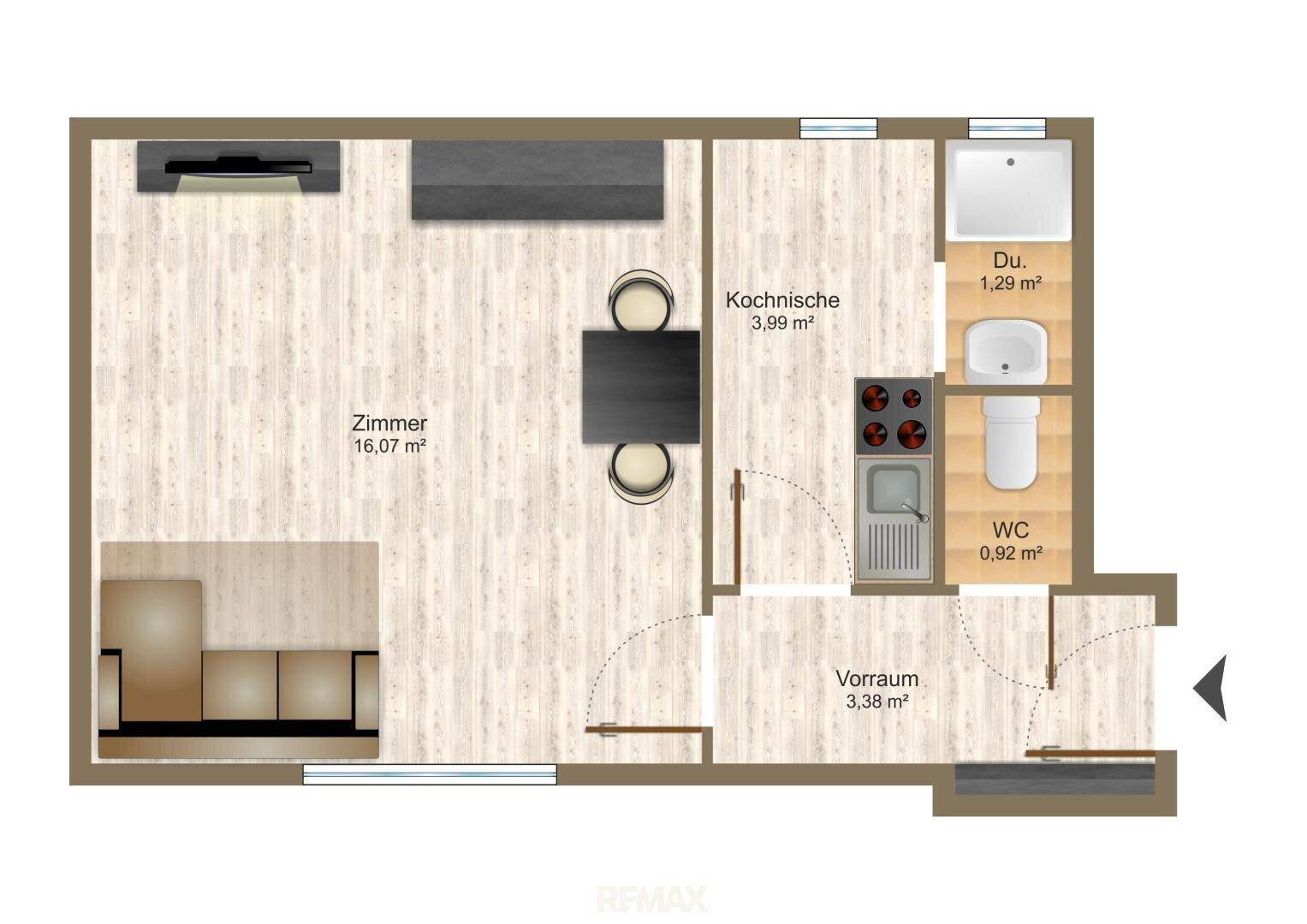 Grundriss einer Wohnung mit Zimmer, Kochnische, separatem WC und Duschbereich.