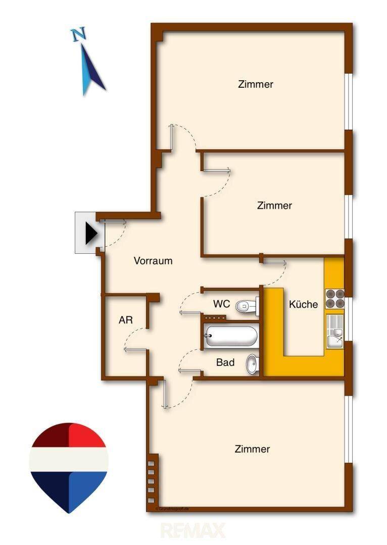 Grundriss einer Wohnung mit drei Zimmern, Küche, Bad und separatem WC.