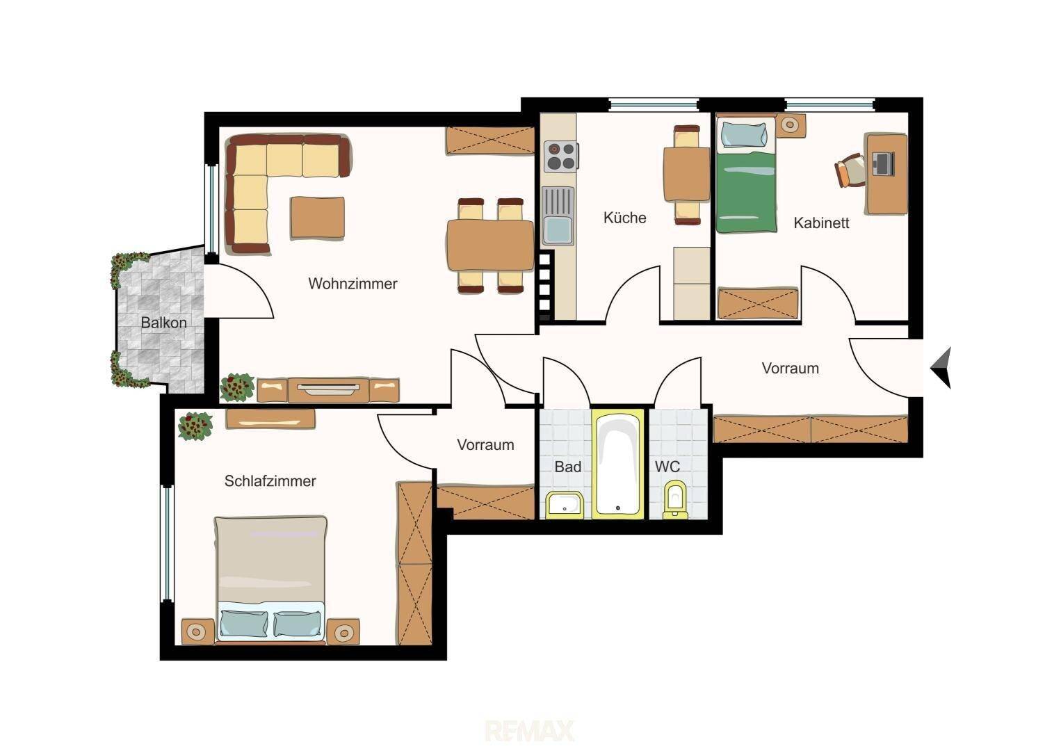 Detaillierter Grundriss einer Wohnung mit Wohnzimmer, Schlafzimmer, Küche und Balkon.