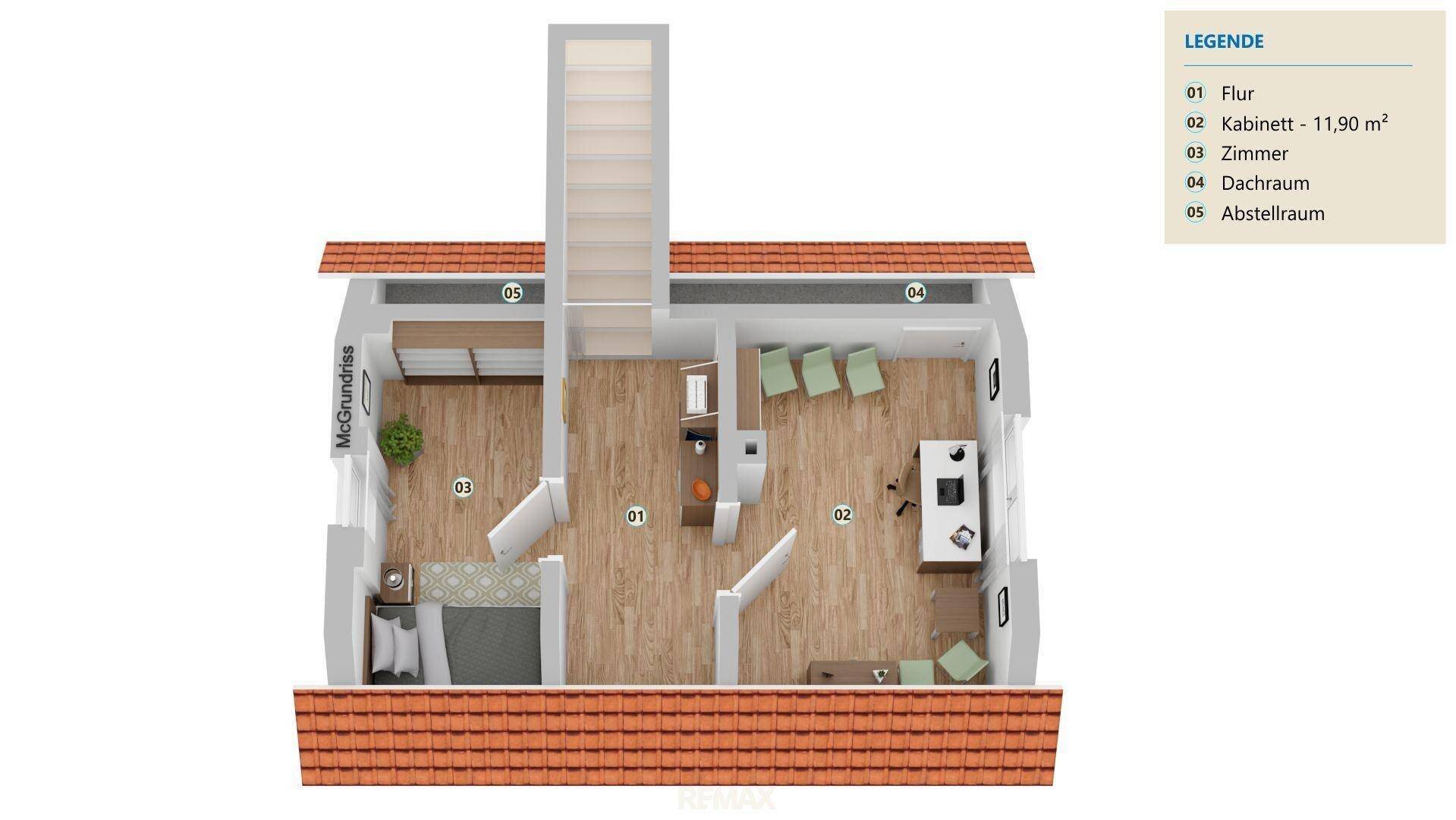 Grundriss des Dachgeschosses mit Flur, Büro, Zimmer, Dachraum und Abstellraum, inklusive Dachschrägen.