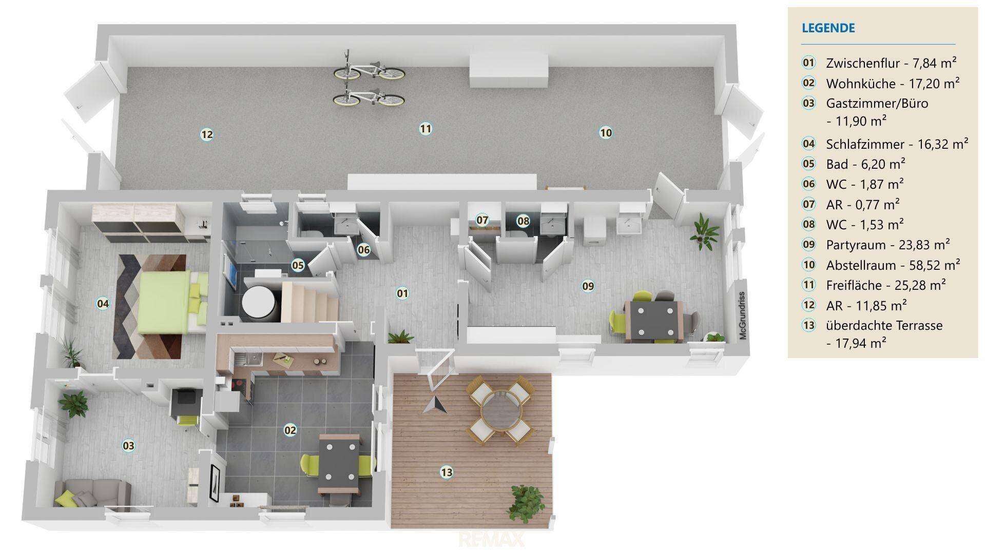 Detaillierter Grundriss des Erdgeschosses mit Wohnbereichen, Schlafzimmer und Terrasse.