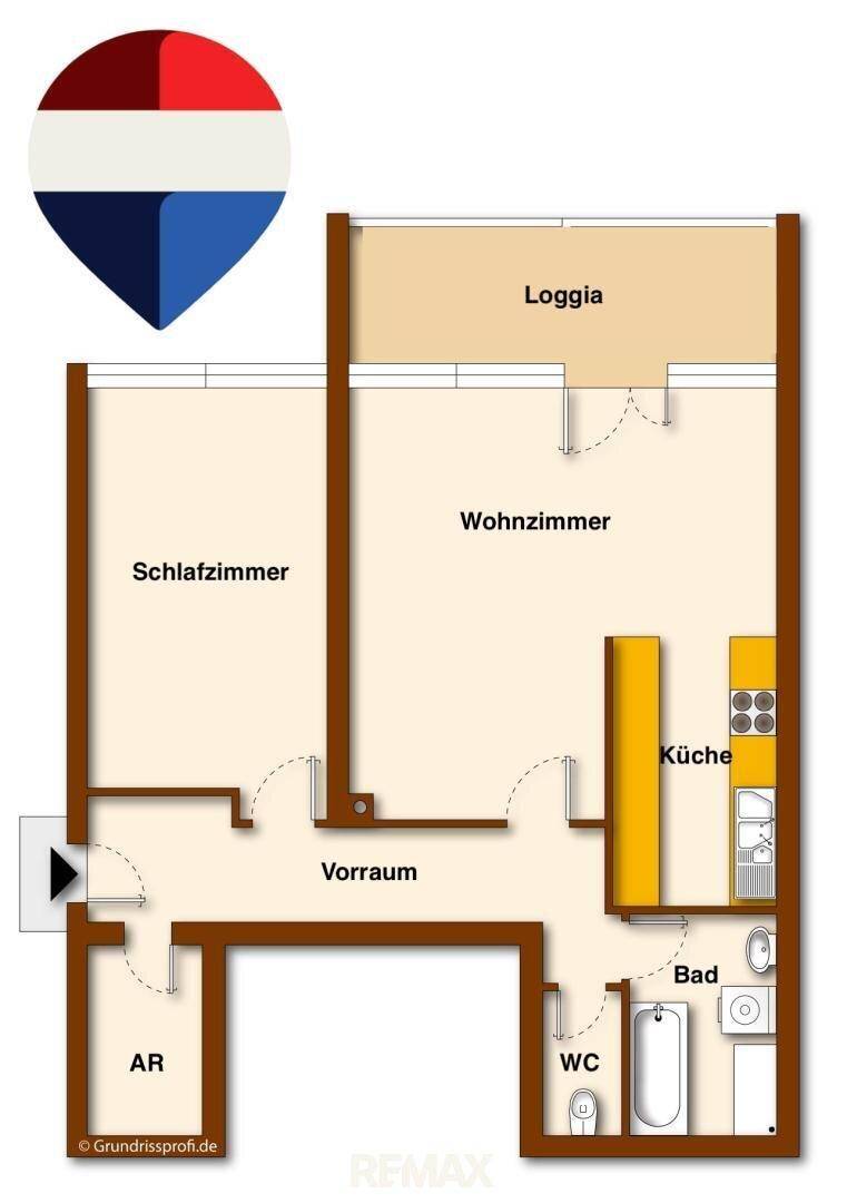 Grundriss einer Wohnung mit Loggia, Wohnzimmer, Schlafzimmer und separater Küche.