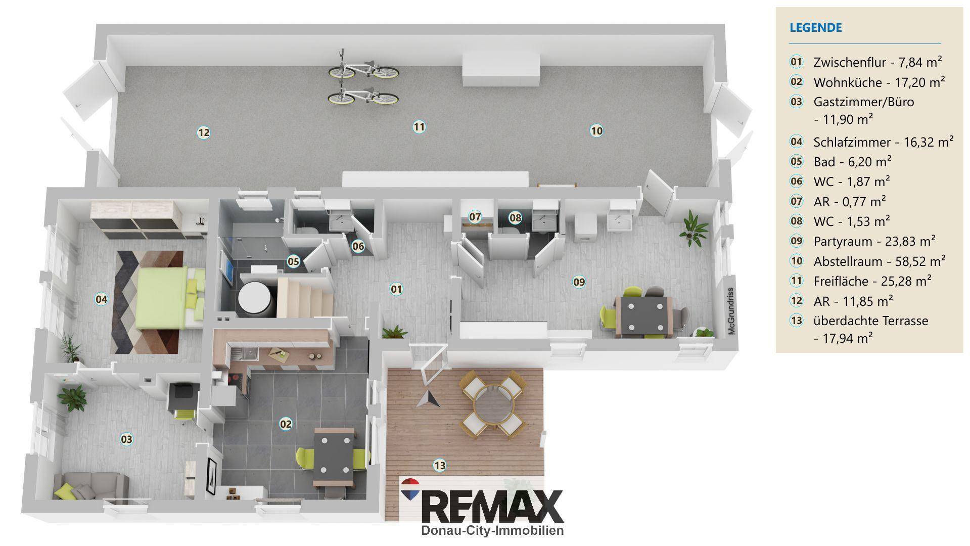 Detaillierter Grundriss des Erdgeschosses mit Wohnküche, Schlafzimmer und Terrasse.