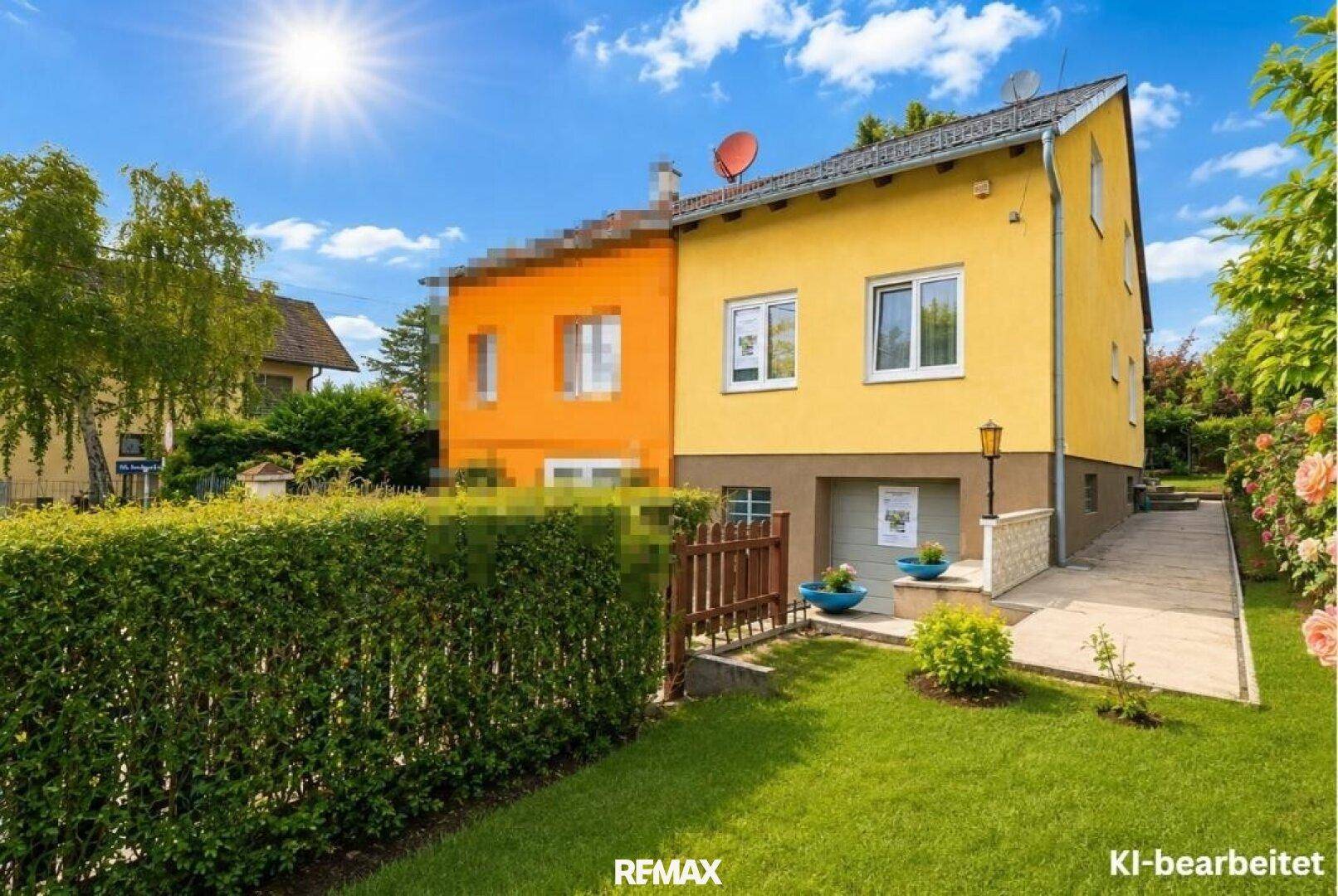 Vorderansicht des Hauses mit gepflegtem Vorgarten und Hecke unter strahlendem Sonnenschein.