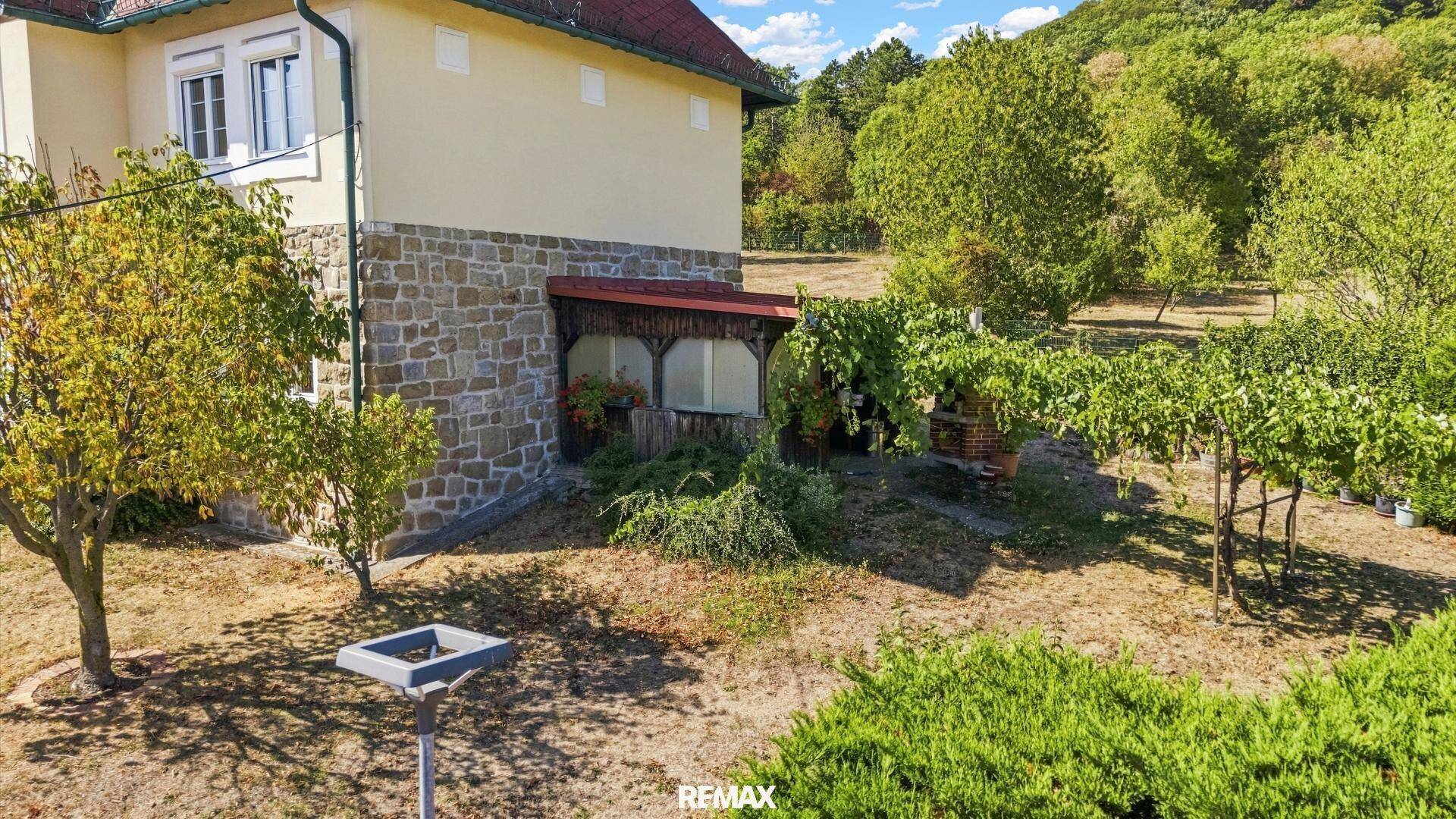 Naturbelassener Gartenbereich mit Bäumen, Sträuchern und einem überdachten Sitzbereich.