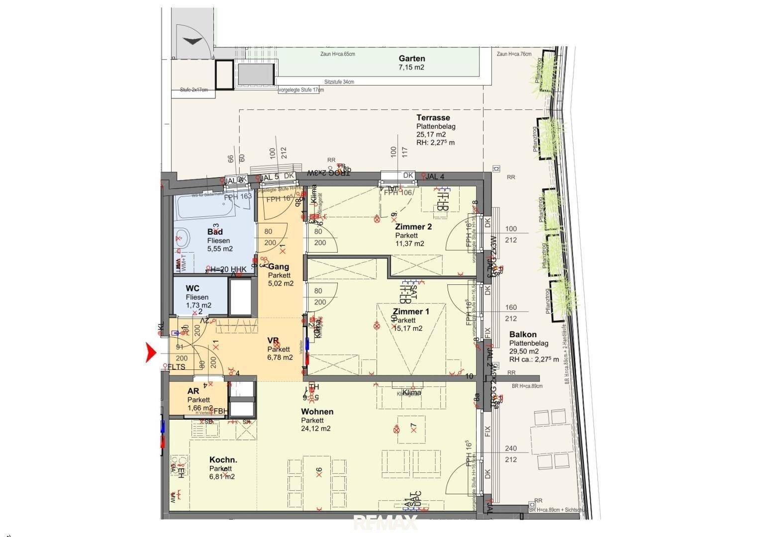 Detaillierter Grundriss mit Wohnbereich, Küche, Bad, Balkon, Terrasse und Garten.