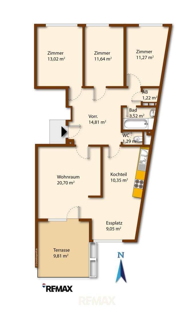 Grundriss einer Wohnung mit drei Zimmern, Bad, WC und Terrasse.