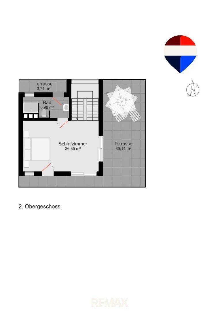 Grundriss des zweiten Obergeschosses mit einem Schlafzimmer, Badezimmer und zwei großzügigen Terrassen.