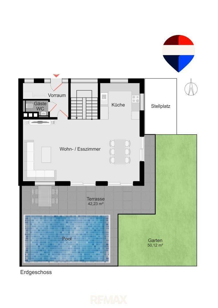 Grundriss des Erdgeschosses mit offenem Wohn-Essbereich, Küche, Gäste-WC, großer Terrasse, Pool und Garten.