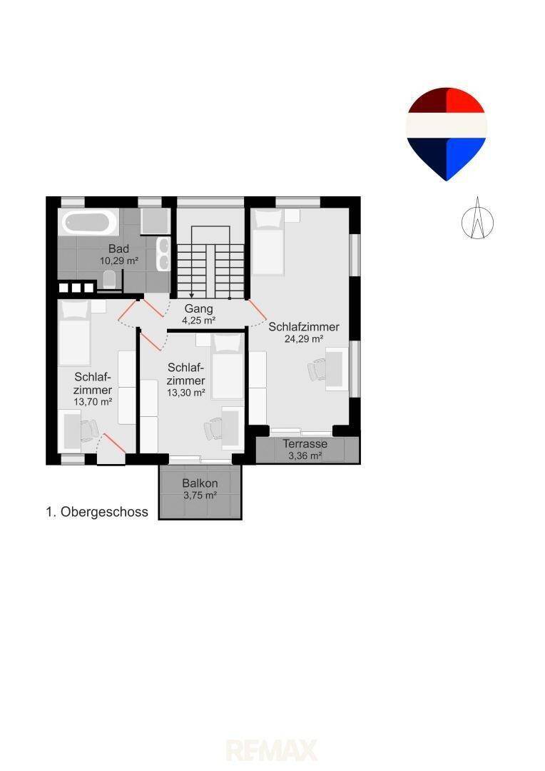 Grundriss des ersten Obergeschosses mit drei Schlafzimmern, einem Badezimmer, Balkon und kleiner Terrasse.