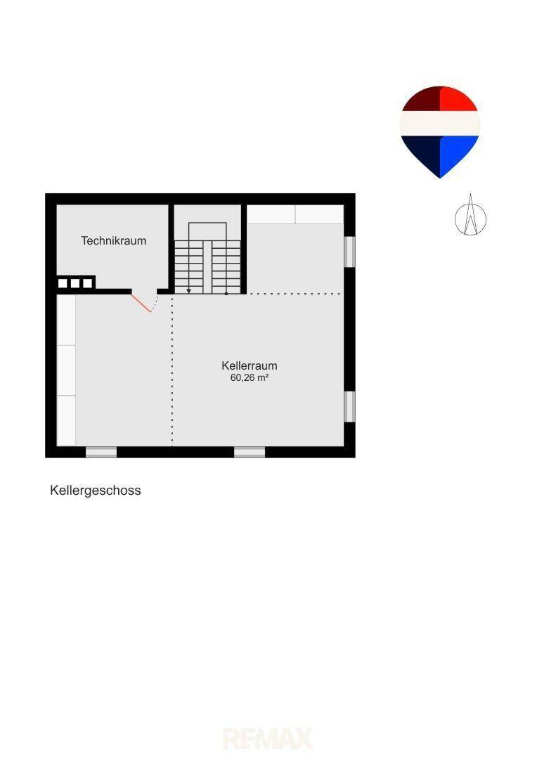 Grundriss des Kellergeschosses mit Technikraum und großem Kellerraum für Lagerzwecke.