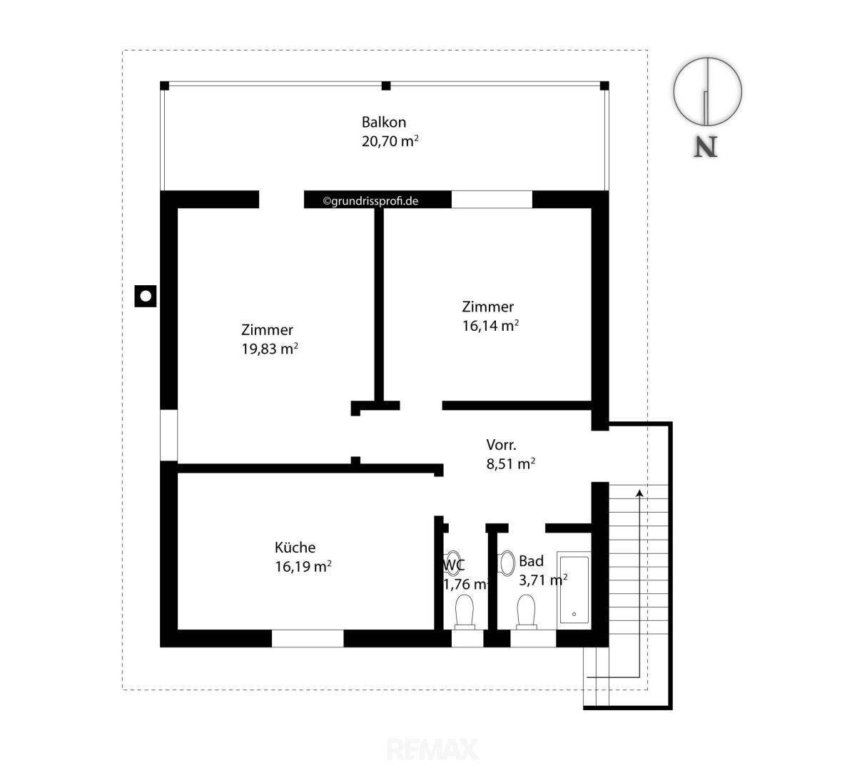 Grundriss einer Wohnung mit Balkon, zwei Zimmern, Küche, Bad und separatem WC.