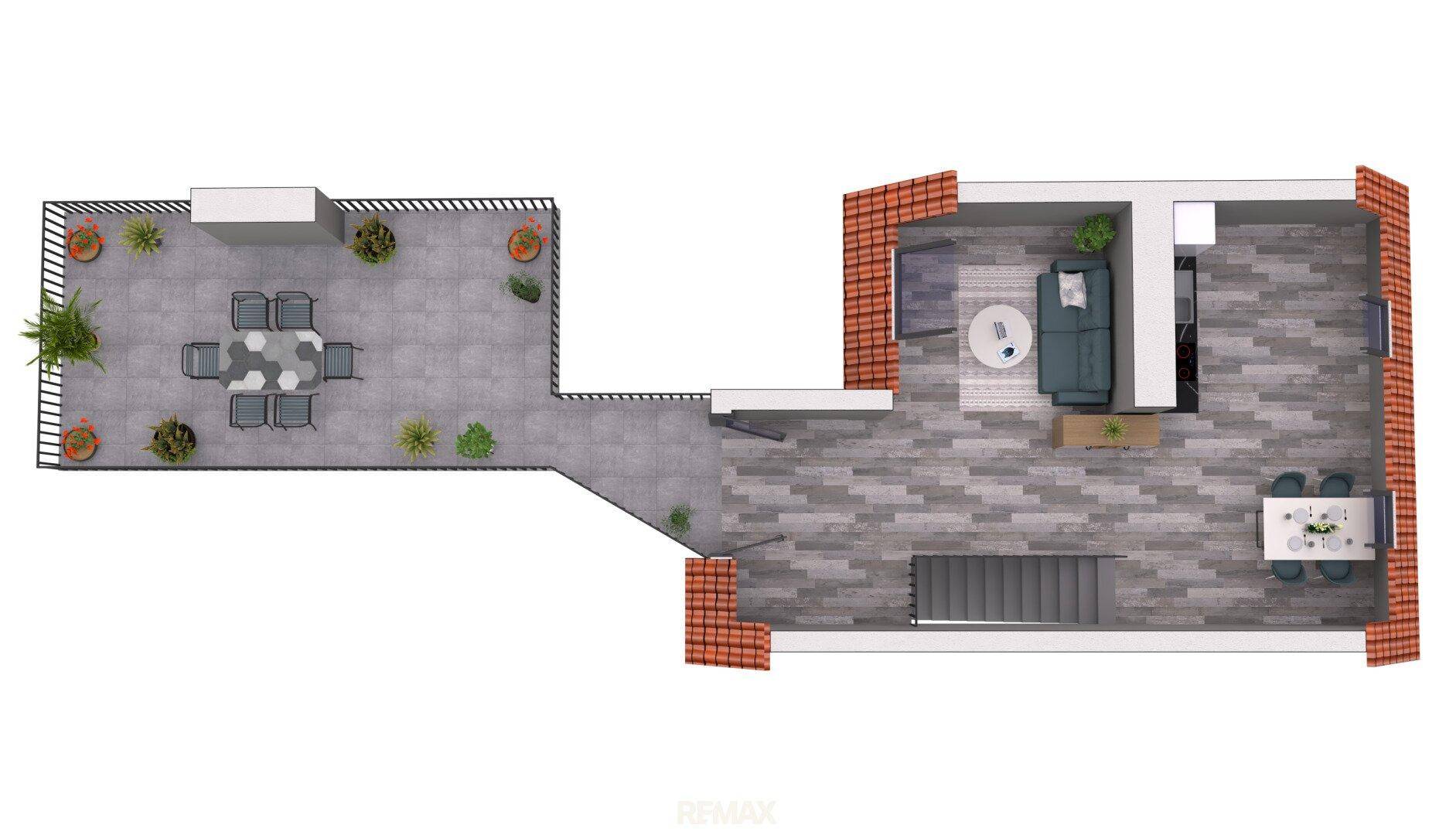 Grundriss der unteren Ebene mit Wohnbereich, Essbereich und großer Dachterrasse.