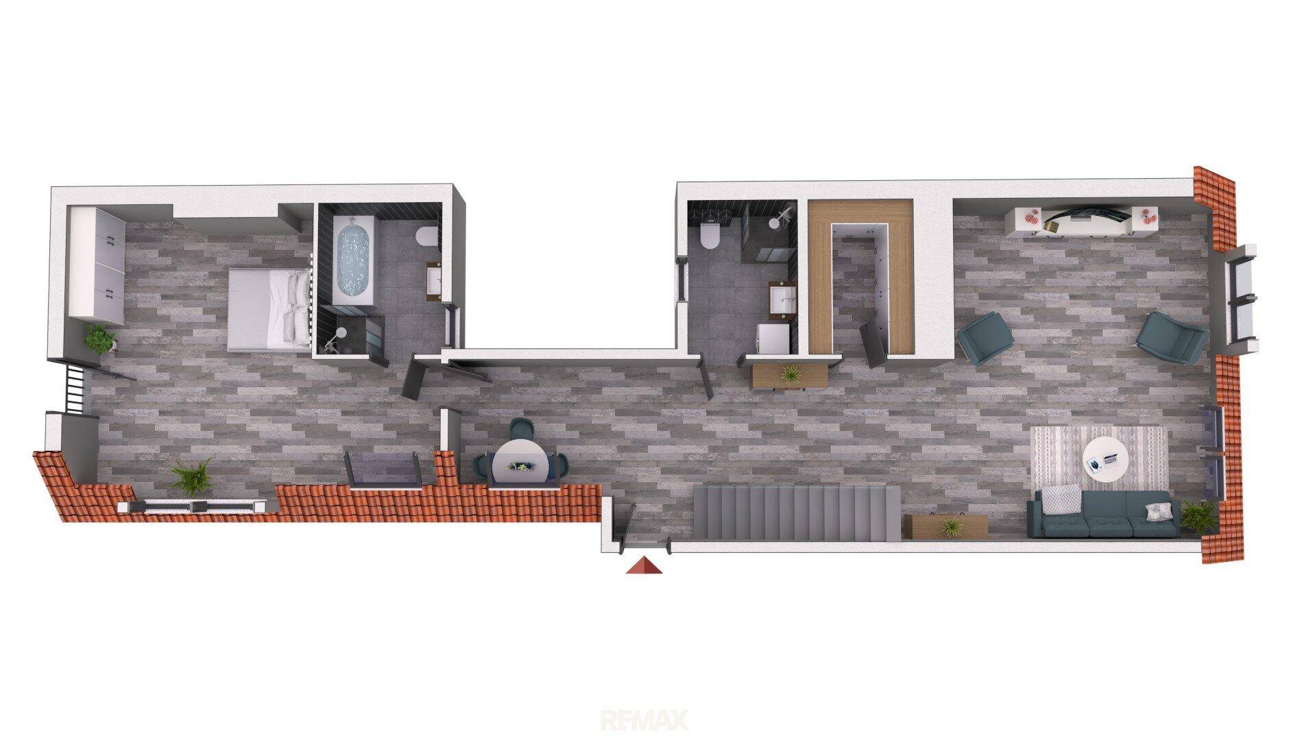 Grundriss der oberen Ebene mit Schlafzimmer, Bad und offenem Wohnbereich.