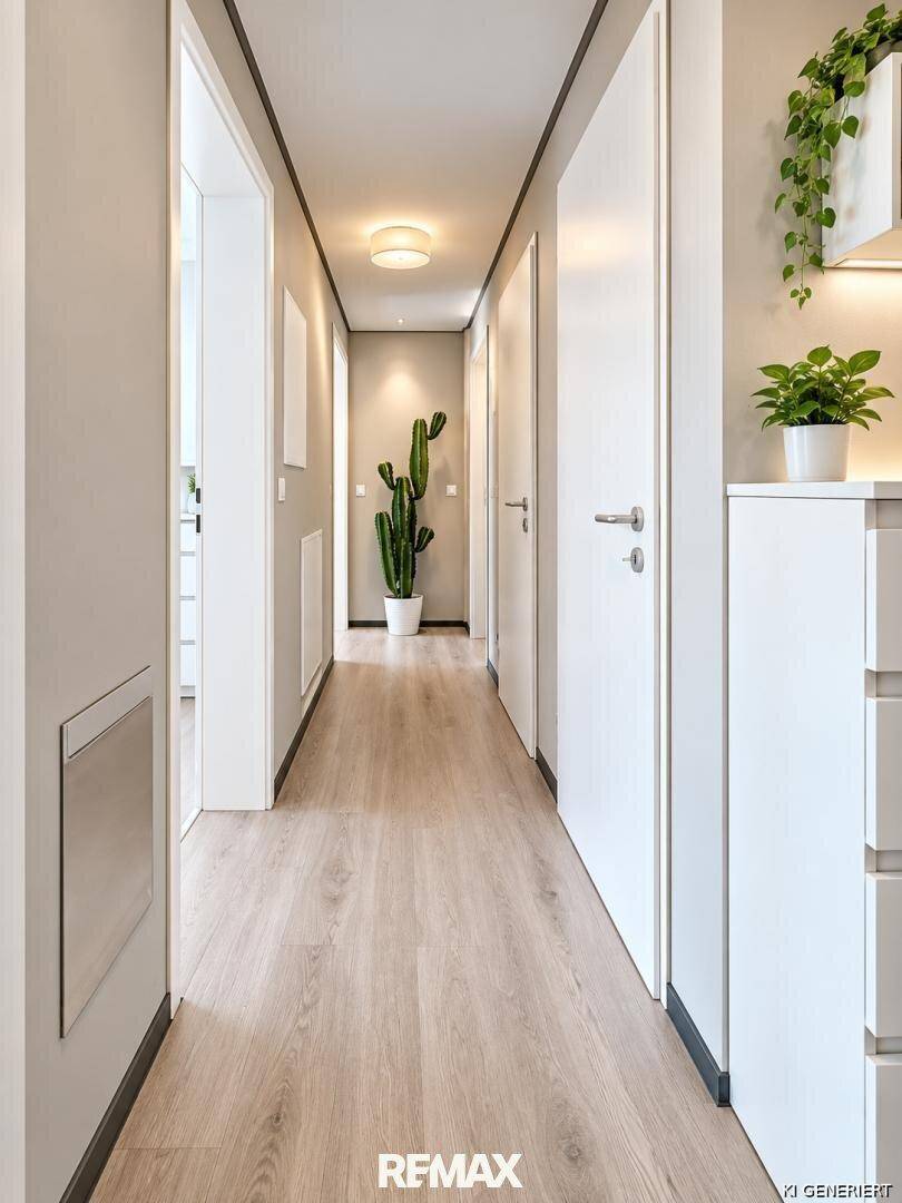Heller Flur mit Laminatboden und minimalistischer Dekoration, der zu weiteren Räumen führt.
