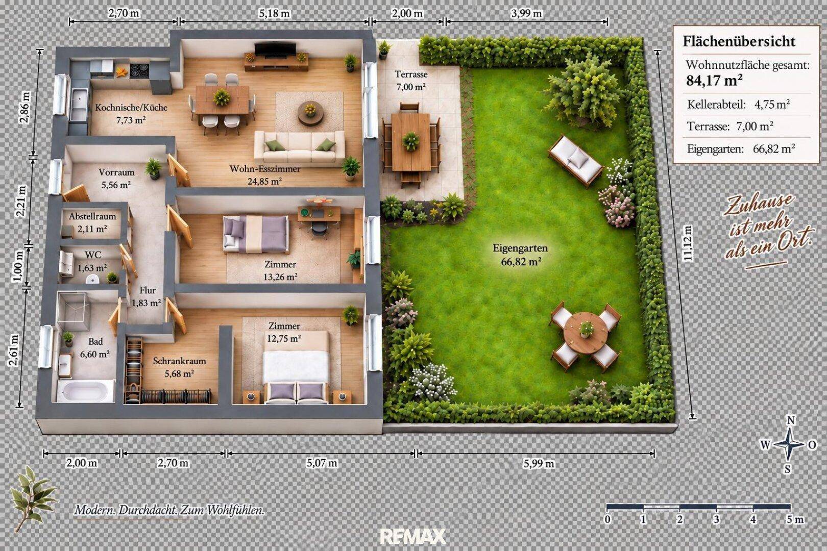 Detaillierter Grundriss einer Wohnung mit Wohn-Esszimmer, zwei Schlafzimmern und Garten.