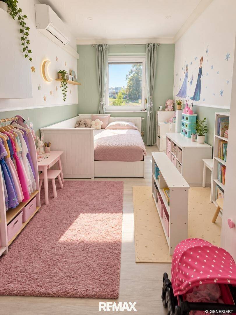 Freundliches Kinderzimmer mit verspielter Dekoration, Einzelbett und viel Stauraum.