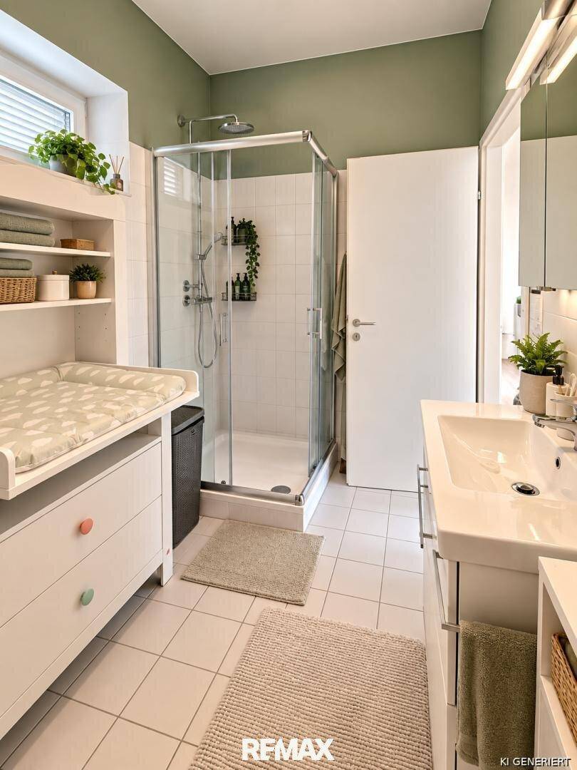 Modernes Badezimmer mit Duschkabine, Waschbecken und Fenster für Tageslicht.