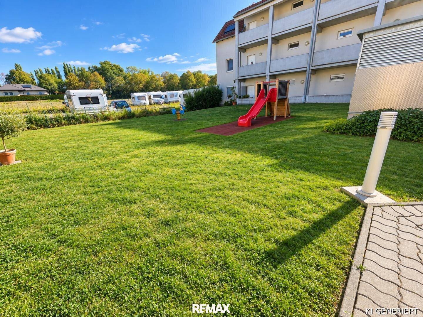 Großer Gemeinschaftsgarten mit Rasenfläche und Kinderspielplatz, umgeben von Natur.