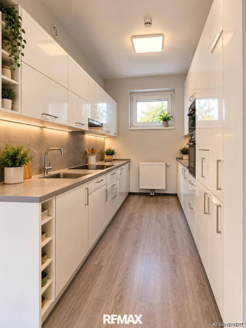 Moderne Küche mit weißen Hochglanzfronten, integrierten Geräten und Fenster.