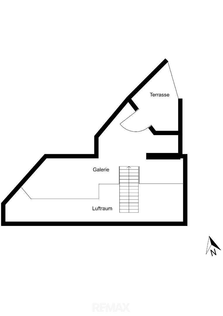 Grundriss der oberen Ebene mit Galerie, Luftraum und Zugang zur Terrasse.