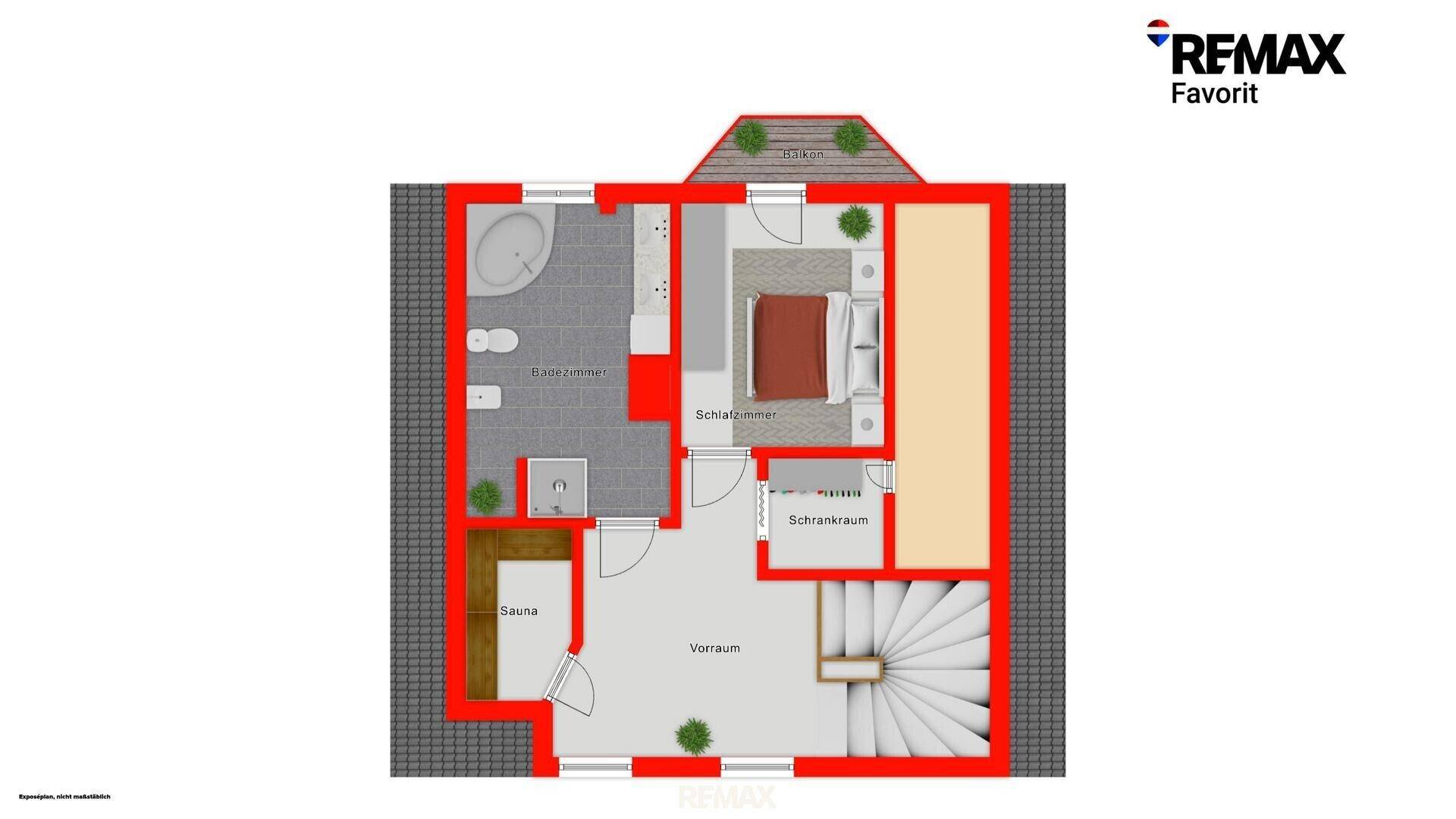 Grundriss des Obergeschosses mit Schlafzimmer, Bad, Sauna und Abstellraum, effizient aufgeteilt.
