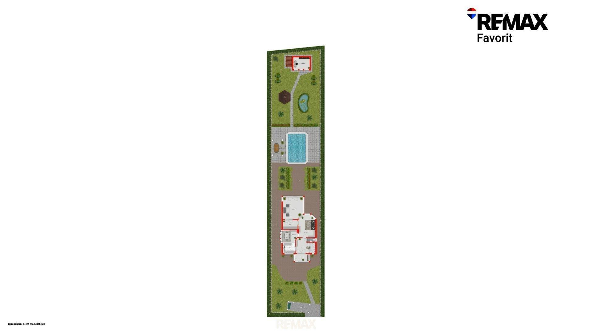 Gesamtübersicht des Grundstücks mit Haus, Pool und Gartenanlage, detailliert dargestellt.