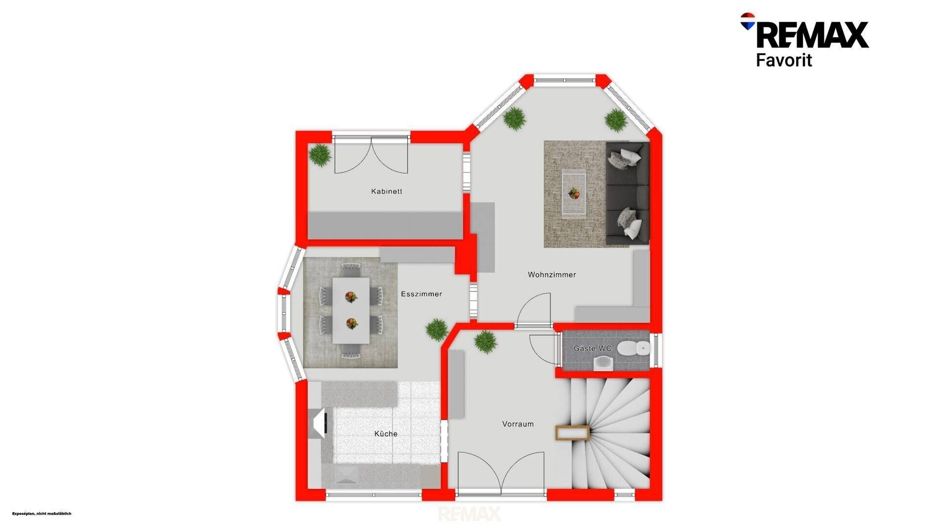 Grundriss des Erdgeschosses mit Wohnzimmer, Esszimmer, Küche und Büro, offen gestaltet.