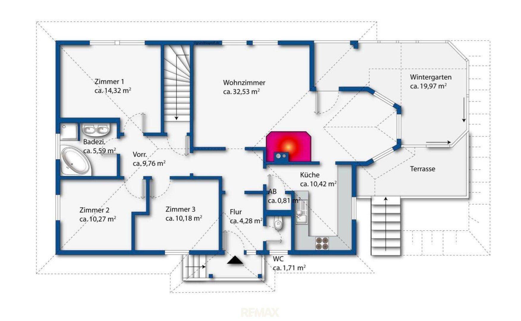 Grundriss des Erdgeschosses mit Wohnzimmer, Küche, drei Zimmern und Wintergarten.