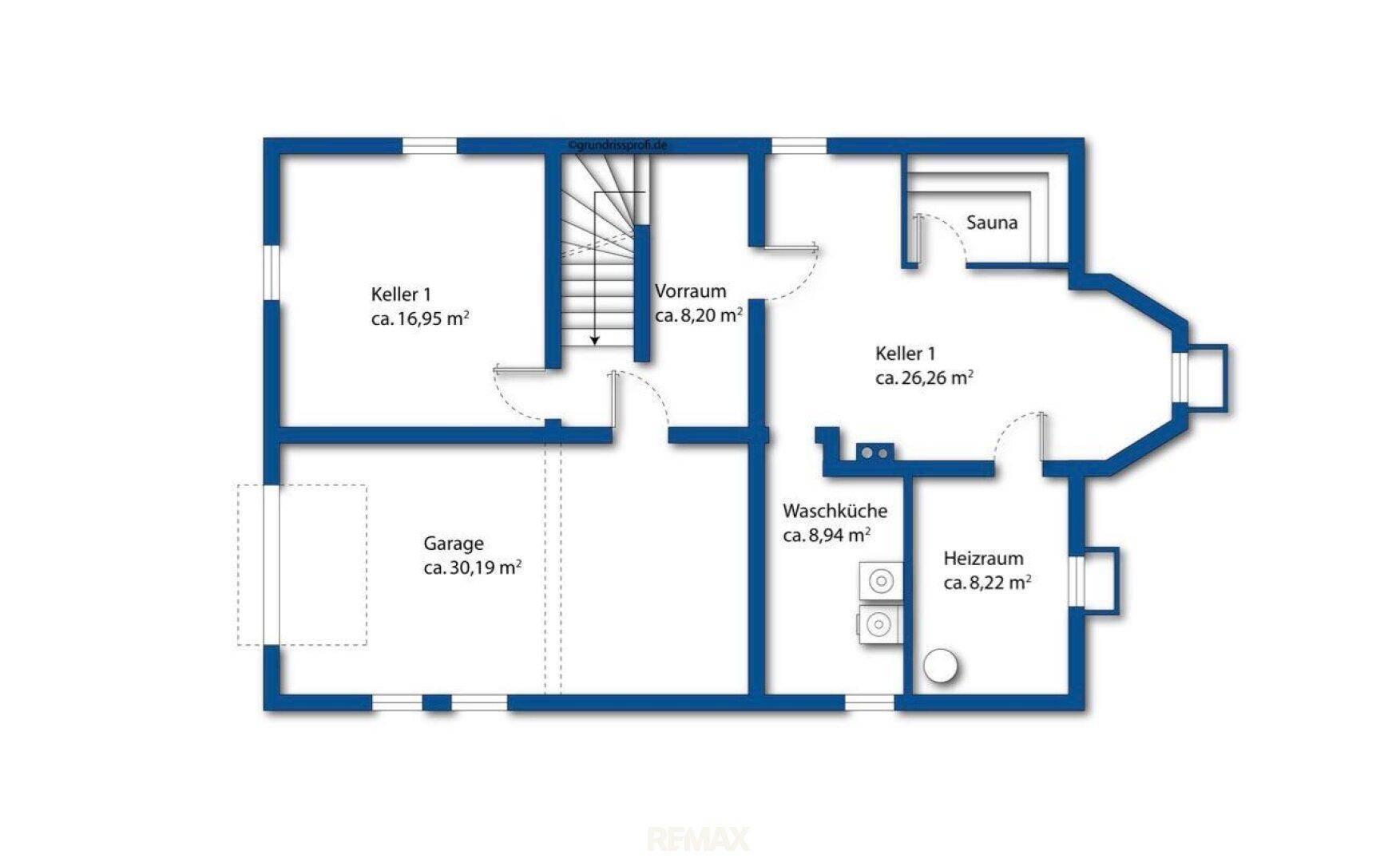 Grundriss des Untergeschosses mit Garage, Kellerräumen, Waschküche und Sauna.