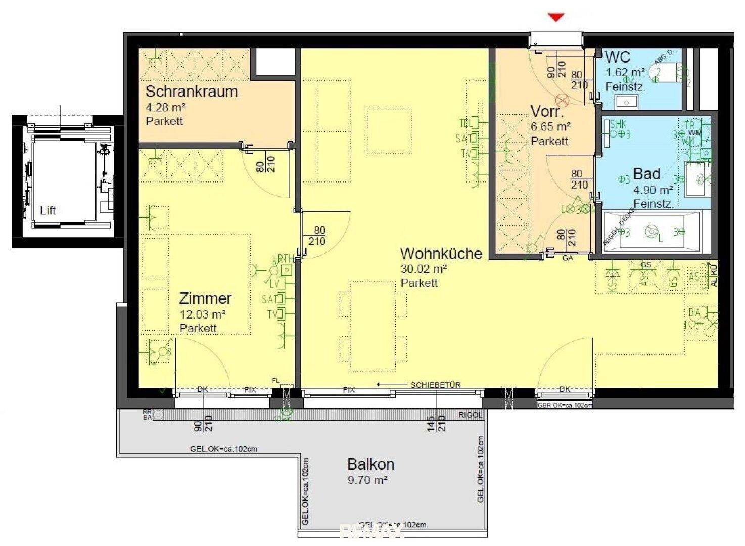 Detaillierter Grundriss einer Wohnung mit Wohnküche, Schlafzimmer, begehbarem Kleiderschrank und Balkon.