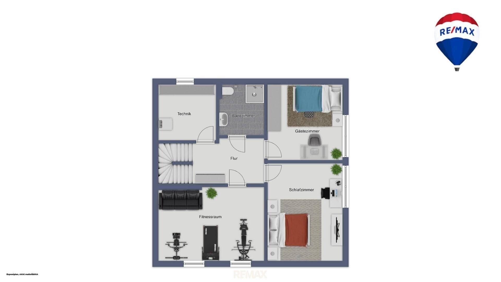 Grundriss des Untergeschosses mit Fitnessraum, Gästezimmer und Technikraum.