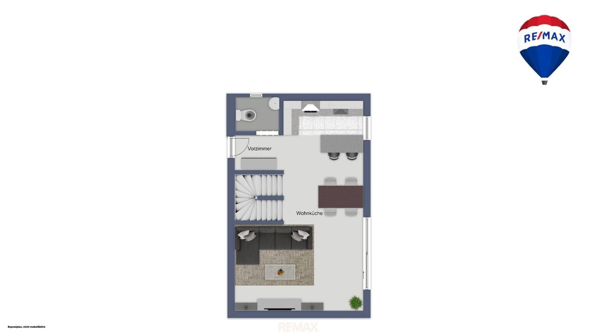 Grundriss des Erdgeschosses mit offener Wohnküche, Essbereich und Gäste-WC.