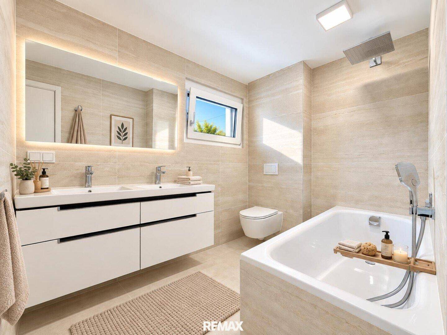 Modernes Badezimmer mit Doppelwaschbecken, Badewanne, Dusche und Fenster, hell gefliest.