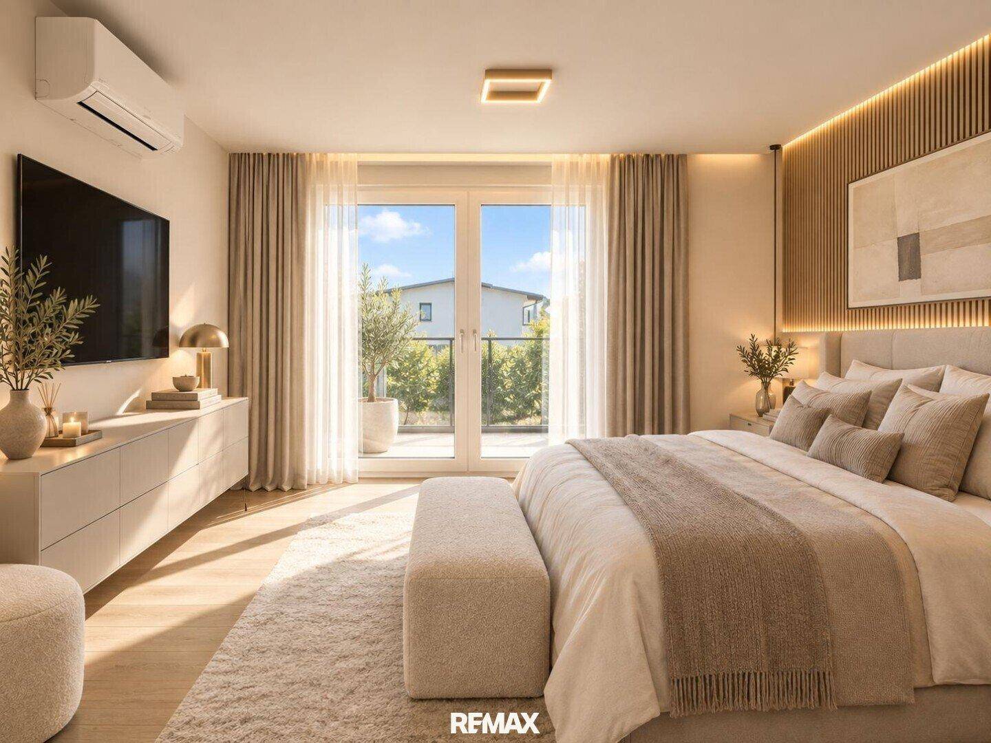 Gemütliches Schlafzimmer mit Doppelbett, Holzboden und Balkonzugang, modern eingerichtet.