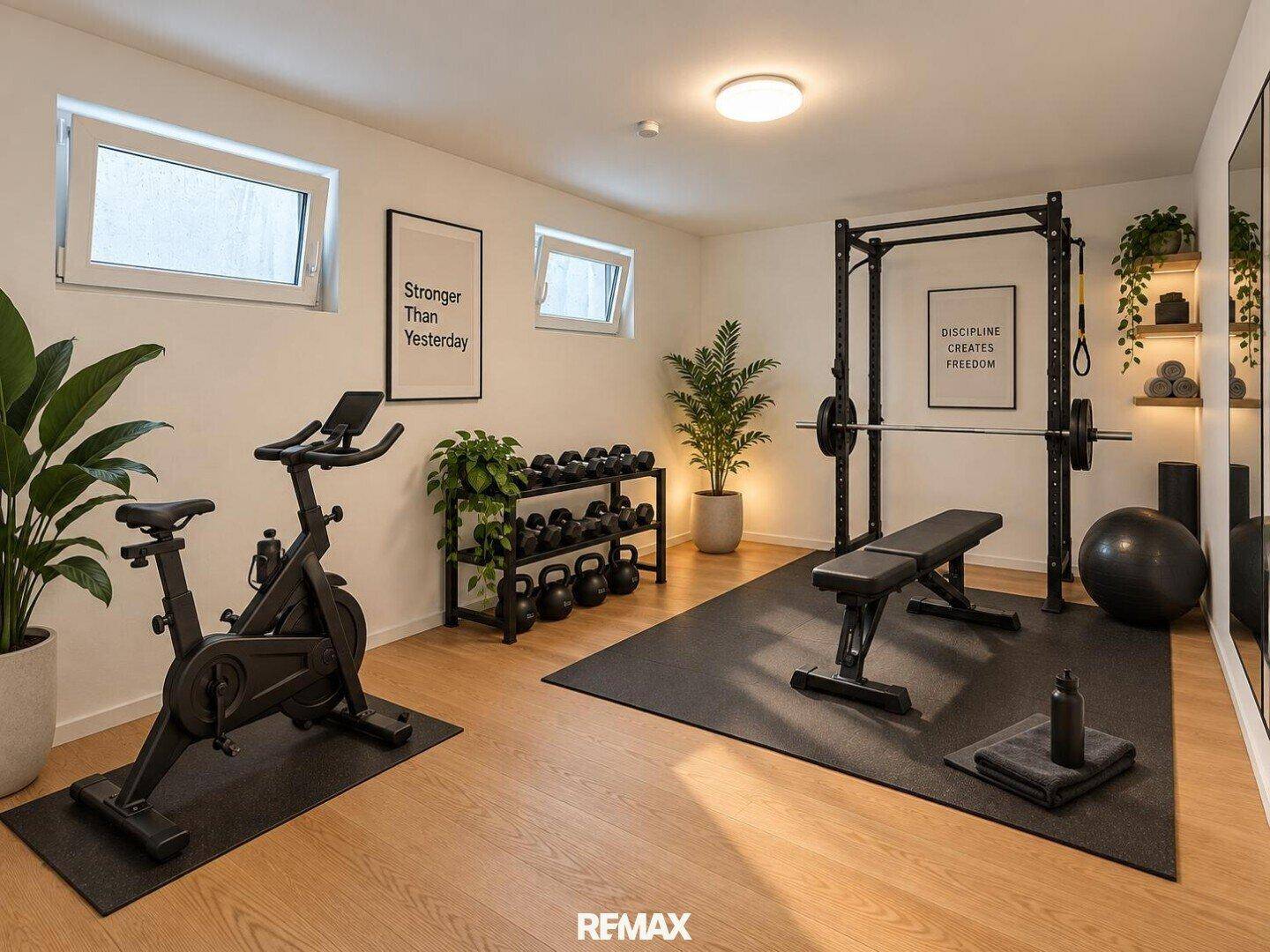 Gut ausgestatteter Fitnessraum im Untergeschoss mit Trainingsgeräten und Holzboden.