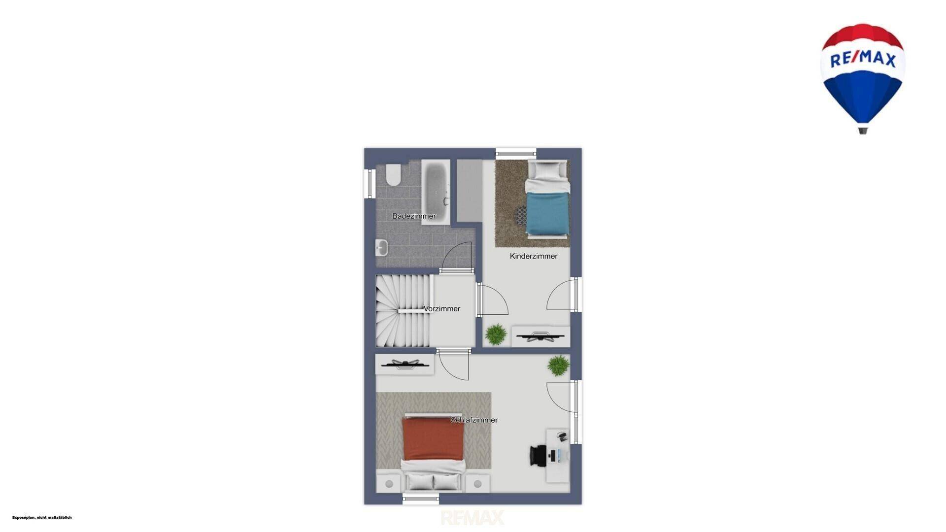 Grundriss des Obergeschosses mit Schlafzimmern, Badezimmer und Treppenaufgang.