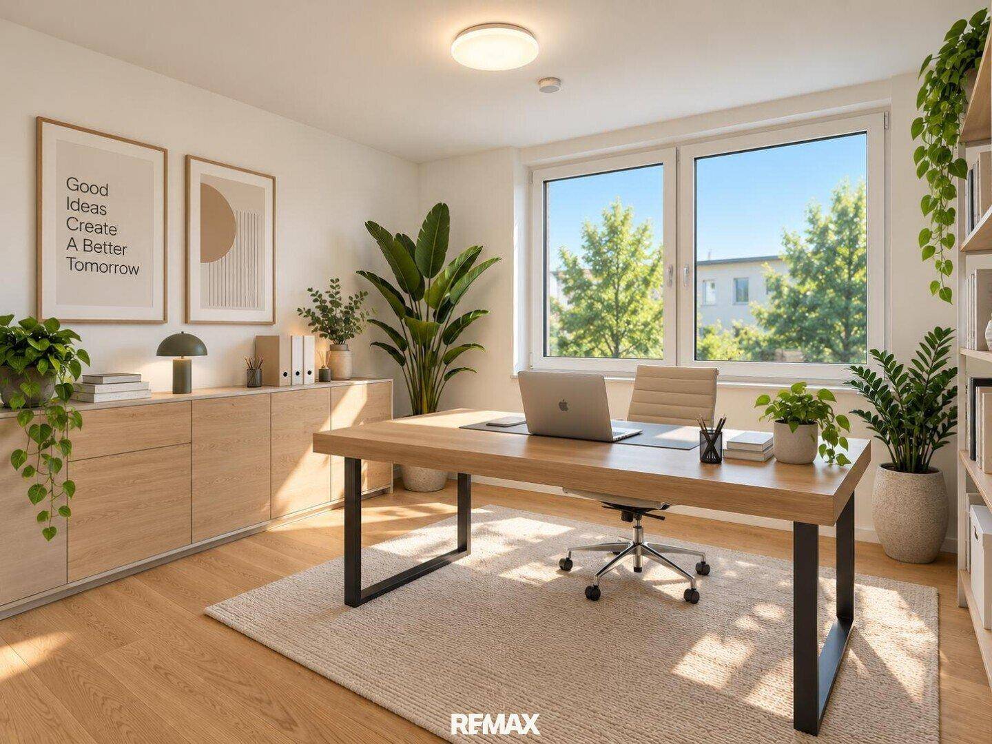 Modernes Arbeitszimmer mit Holzboden, großem Schreibtisch und Blick ins Grüne.