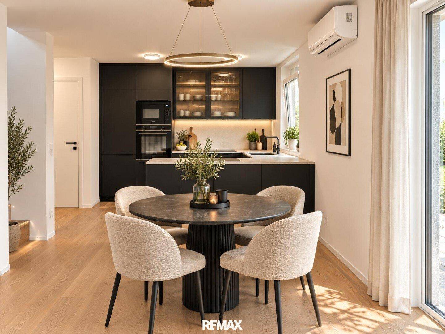 Elegante schwarze Küche mit Essbereich, modernen Geräten und Zugang zum Außenbereich.