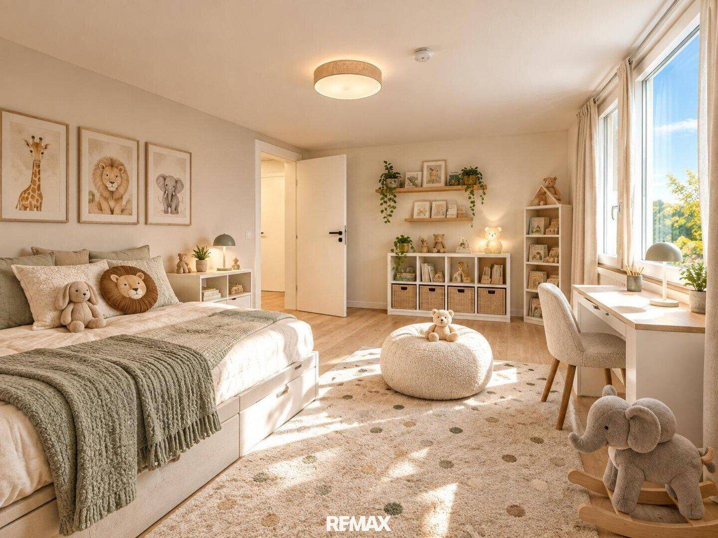 Geräumiges Kinderzimmer mit Holzboden, großem Fenster und kindgerechter Einrichtung.